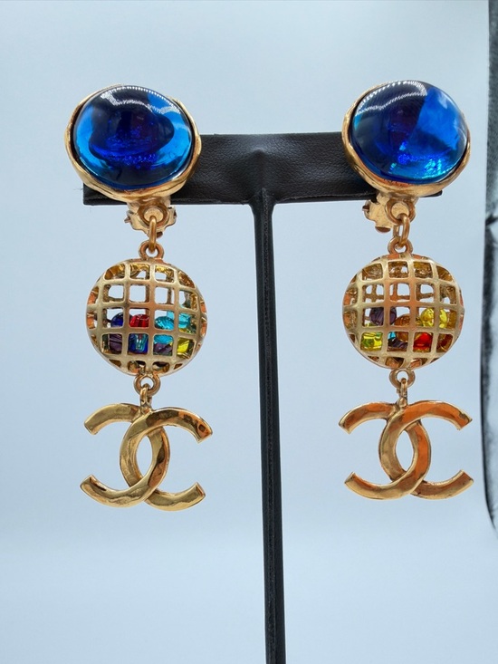 CHANEL Jewelry - CHANEL Vintage Cage Multicolored Beads Gold Drop ClipOn Earrings Blue Gripoix CC